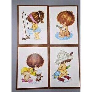 Vtg Lynn Wall Print Set Bathroom Girl Bathing Cat Flippers Toothbrush Big Head